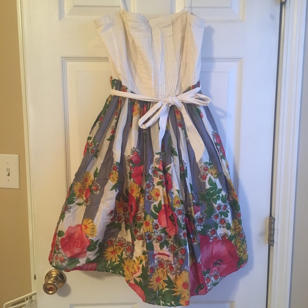 Anthropologie Strapless Floral Midi Dress in White, Gray, Red, Green, Yellow